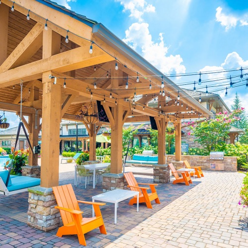 Gazebo with chairs and strung lights