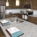 a kitchen with a marble countertop